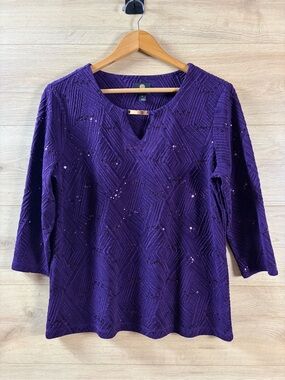 JM Collection Sequin Diamond Textured Plum Top with Gold Accent PL